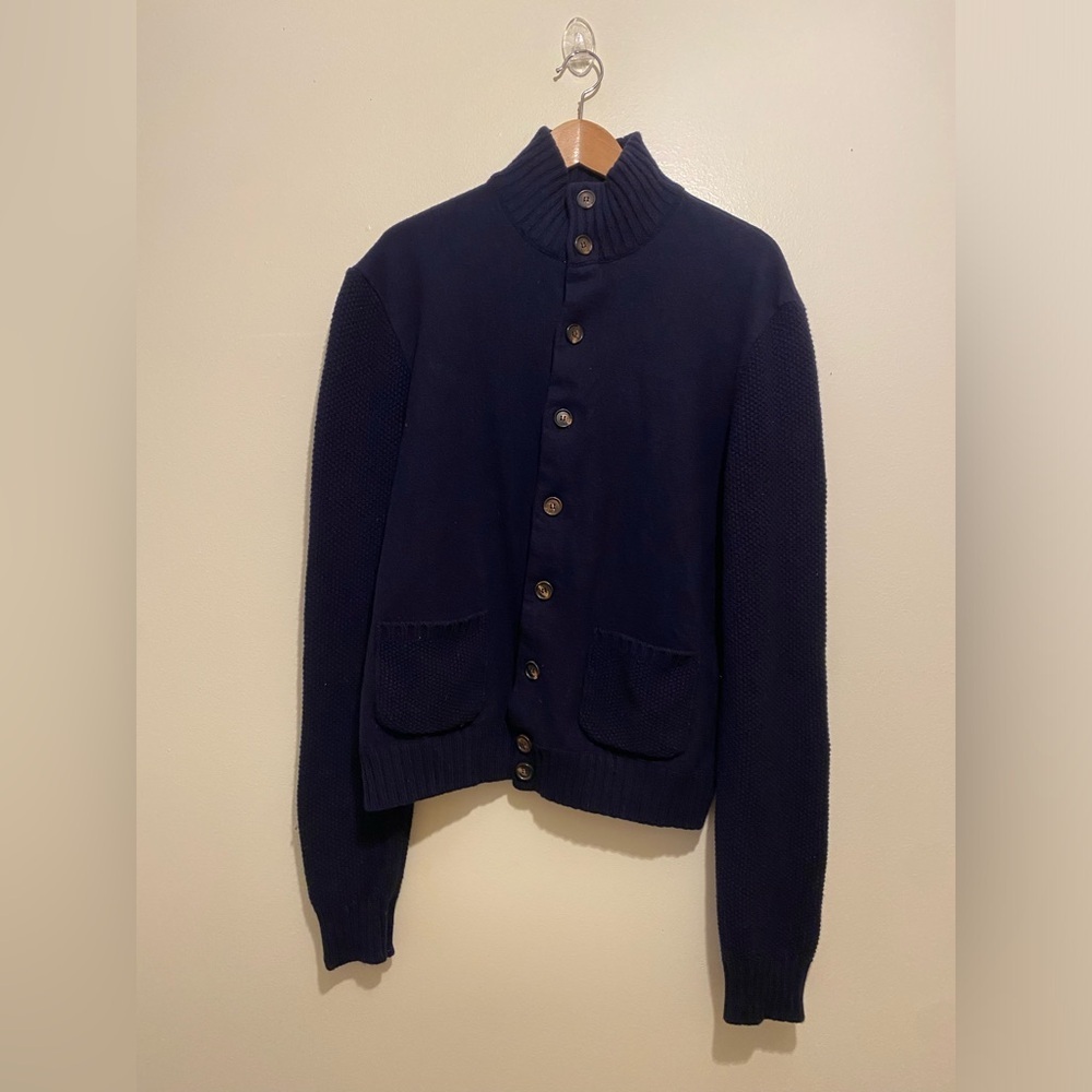 PAUL STUART Wool cashmere Elegant Navy Wool Cardigan SWEATER. Size L